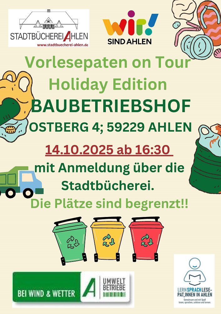 Plakat: Vorlesepaten on Tour am Baubetriebshof mit weiteren Daten