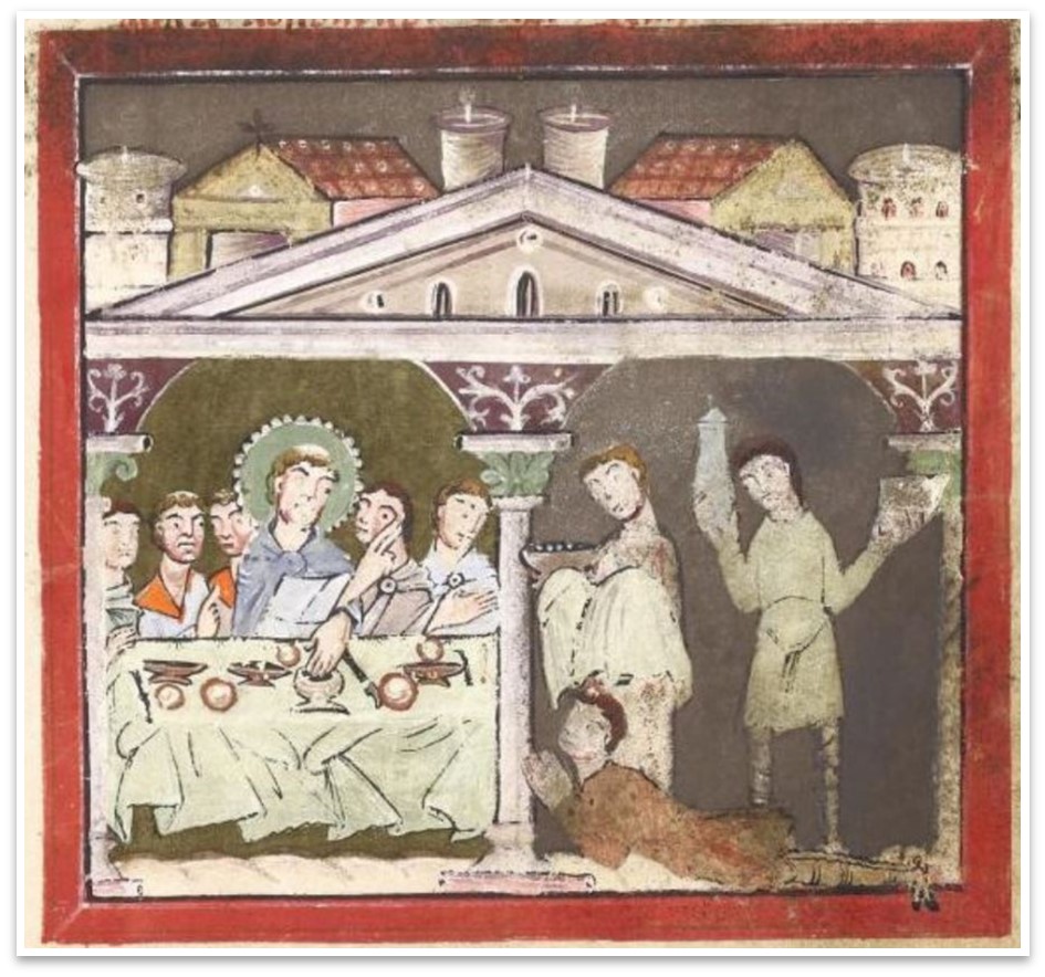 Foto: Der Heilige Liudger in der villa alna (Staatsbibliothek zu Berlin, Ms. Theol. Lat. Fol. 323, 13r)
