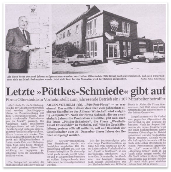 Foto: Zeitungsartikel über die Schließung von Westfalia Email 