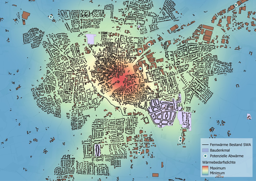 Foto: Die „Heatmap“ zeigt an, wie der Wärmebedarf sich im Stadtgebiet aktuell darstellt. Im stark verdichteten Innenstadtbereich ist er am größten. Zum Rand nimmt er ab.