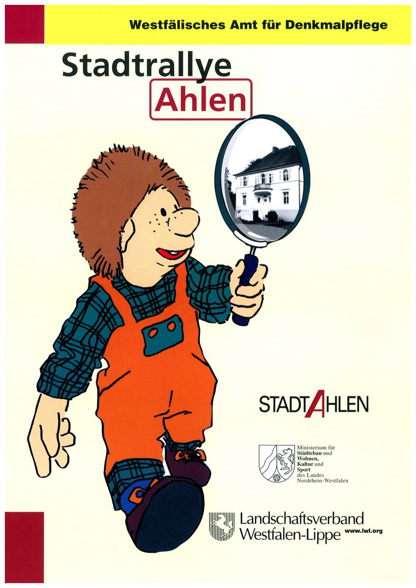 Deckblatt: Stadtrallye Ahlen - Es ist eine Figur mit Lupe abgebildet.
