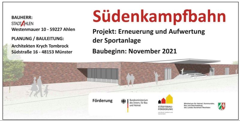 Schild: Südenkampfbahn mit Bauherr und Projektbeschreibung