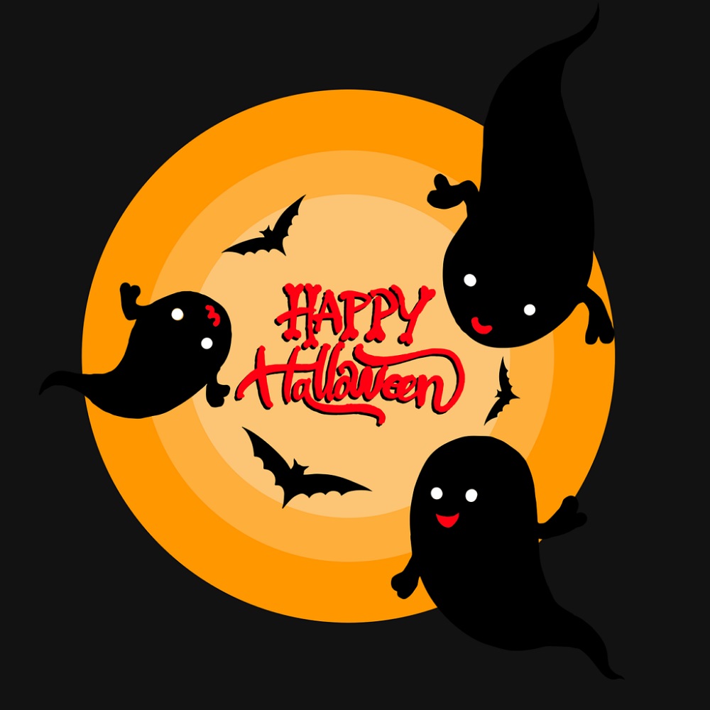 Zeichnung: schwarzer Hintergrund mit einem Mond und kleinen Geistern, es enthält den Schriftzug "Happy Halloween"
