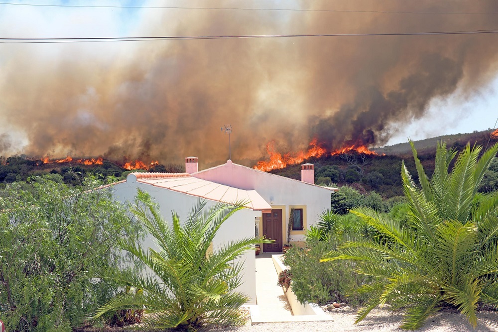 Foto: Brennende Felder hinter einem Haus
