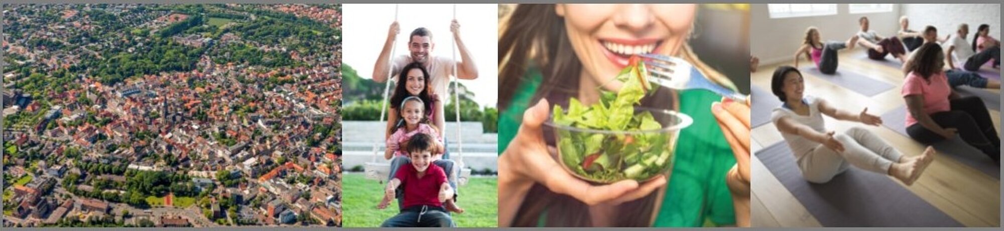 Collage: Luftbild Innenstadt, Familie auf einer Schaukel, Frau mit einer Salatschüssel eine Frauengruppe beim Sport