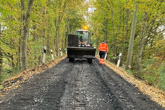 Foto: Wirtschaftsweg im Wald mit einer Baumaschine