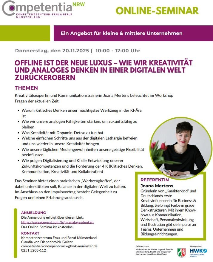Das Kompetenzzentrum Frau und Beruf Münsterland lädt zum kostenfreien Online-Seminar ein.