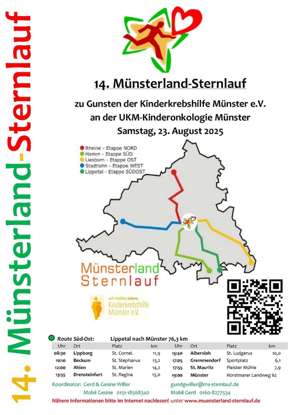 Plakat: Route und Zeiten des 14. Münsterland-Sternlaufs