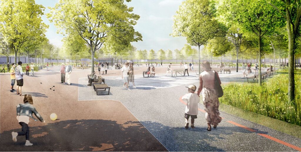 Auf einer Fläche von 2,3 Hektar entsteht ein moderner Quartiersplatz mit hoher Aufenthaltsqualität und klarer Klimaanpassung.