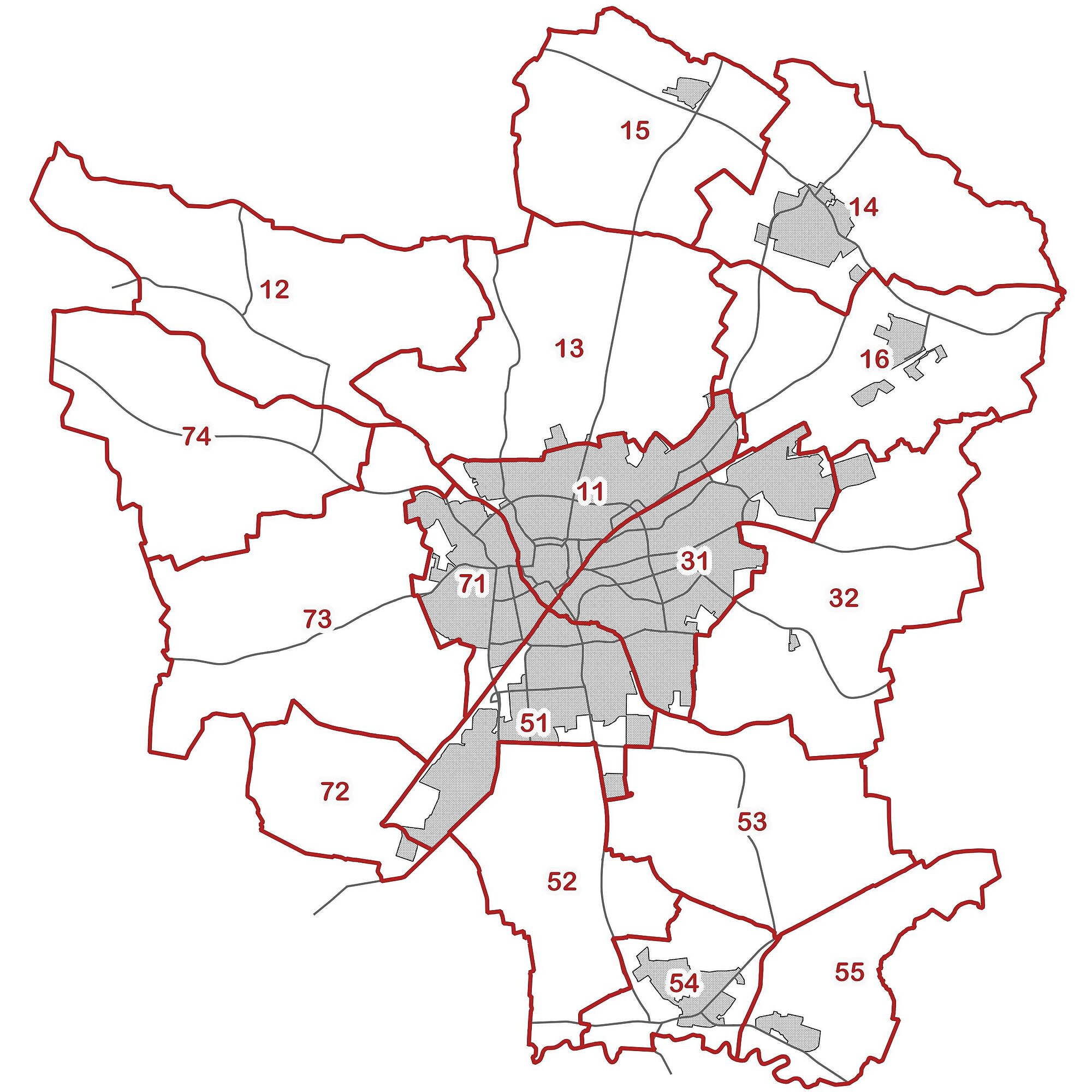 Grafik: Karte von Ahlen mit der Einteilung in statistische Bezirke