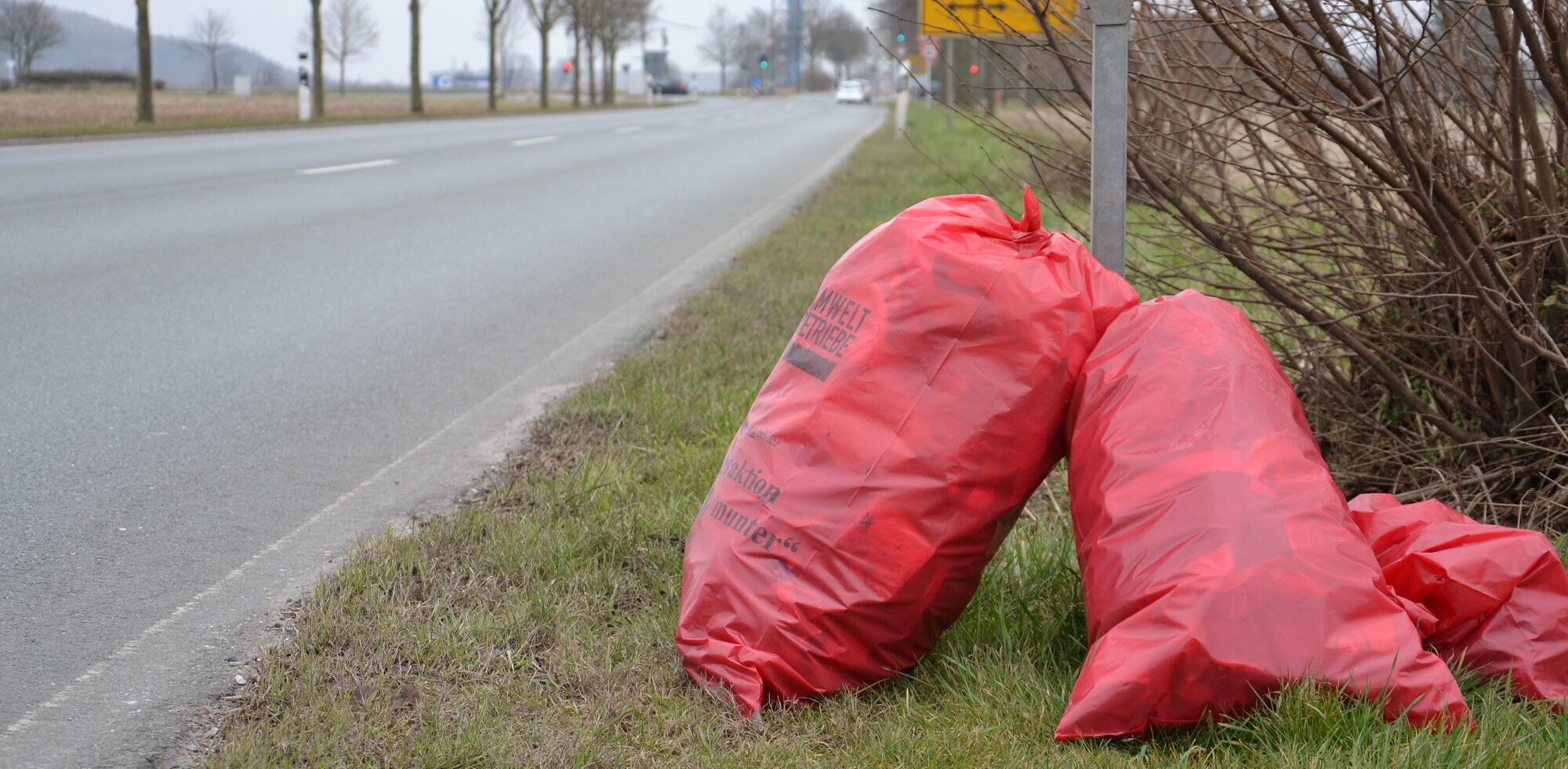 Foto: volle Müllsäcke sind an ein Straßenschild gelehnt