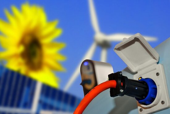 Foto: Steckdose mit Stecker, im Hintergrund eine Sonnenblume und ein Windrad