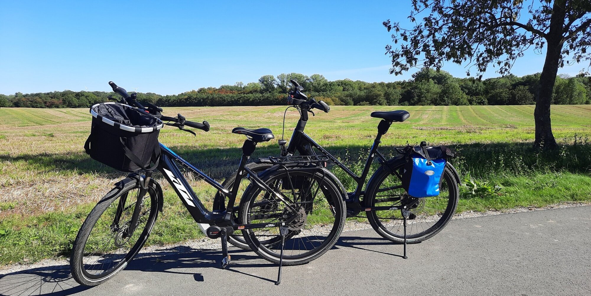 Foto: 2 Fahrräder am Straßenrand mit Blick über ein Feld