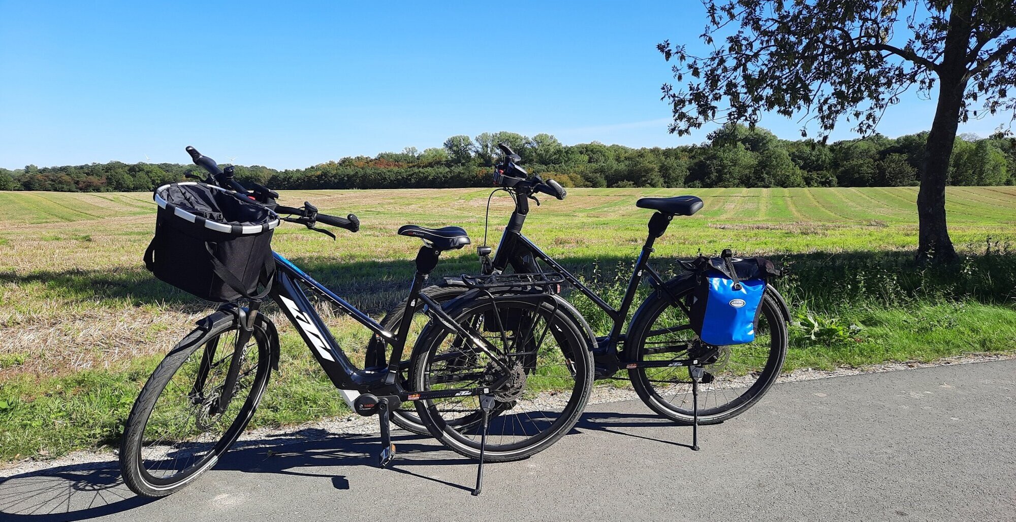 Foto: 2 Fahrräder am Straßenrand mit Blick über ein Feld