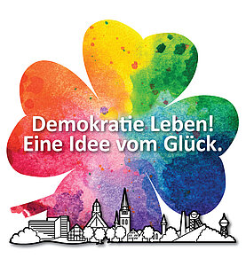 Logo: Demokratie leben - eine Idee vom Glück in einem farbigen Kleeblatt