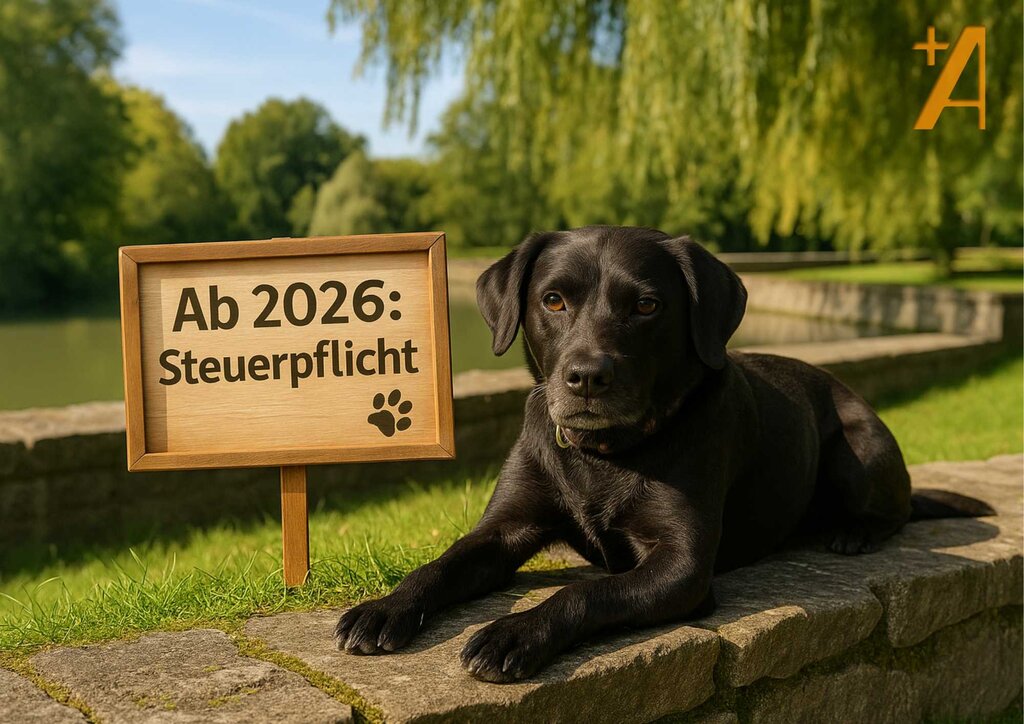 schwarzer Hund liegt auf Mauer mit Holzschild