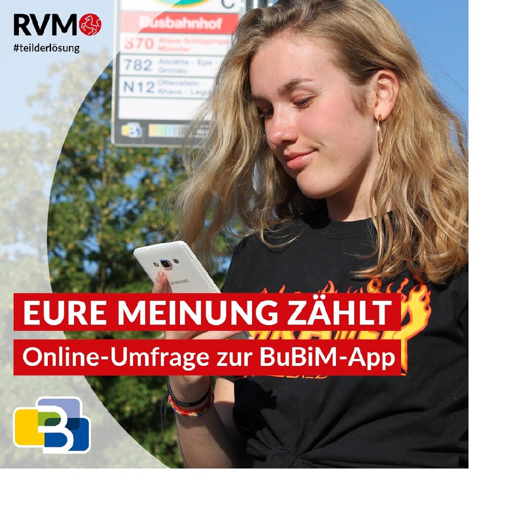 Foto: Junge Frau mit Smartphone - Text: "Eure Meinung zählt"